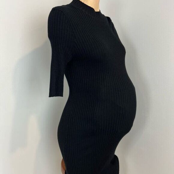 Rose Maternite Medium Maternity Pregnancy Stretch Black Midi Dress Ribbed - Picture 8 of 9